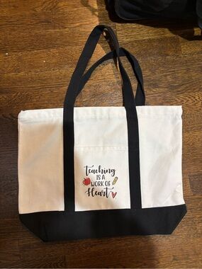 Canvas Teacher Tote Bag in White and Black